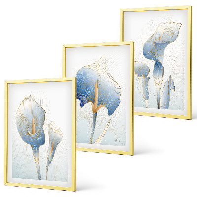 Three-piece wall art piece Blue flowers on the background