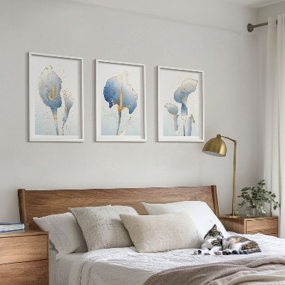 Three-piece wall art piece Blue flowers on the background