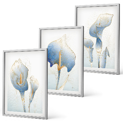Three-piece wall art piece Blue flowers on the background