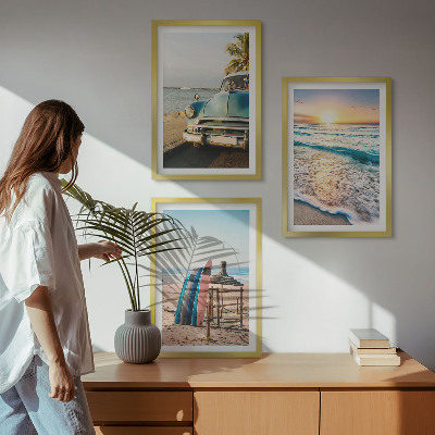 Set of 3 framed wall art pieces Miami sunset vacation