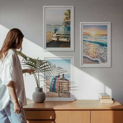 Set of 3 framed wall art pieces Miami sunset vacation