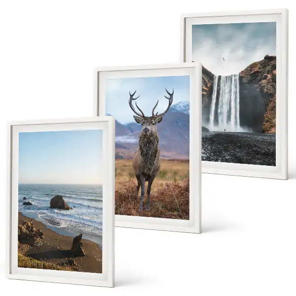 Mountain landscape three-piece wall art set with a waterfall