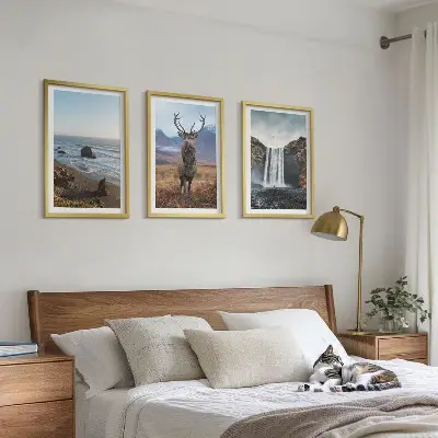 Mountain landscape three-piece wall art set with a waterfall