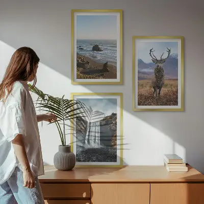 Mountain landscape three-piece wall art set with a waterfall