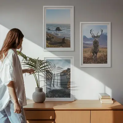 Mountain landscape three-piece wall art set with a waterfall