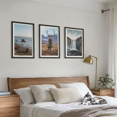 Mountain landscape three-piece wall art set with a waterfall