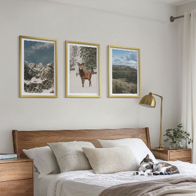 Set of 3 framed wall art pieces Mountains snow deer forest landscape