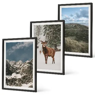 Set of 3 framed wall art pieces featuring a snowy mountain forest and deer landscape