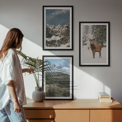 Set of 3 framed wall art pieces Mountains snow deer forest landscape