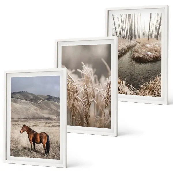 Wall art set featuring a landscape of horses in a grassy stream