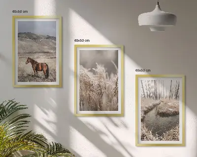 Wall art set featuring a landscape of horses in a grassy stream