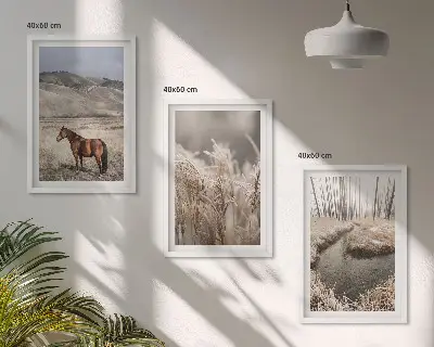 Wall art set featuring a landscape of horses in a grassy stream