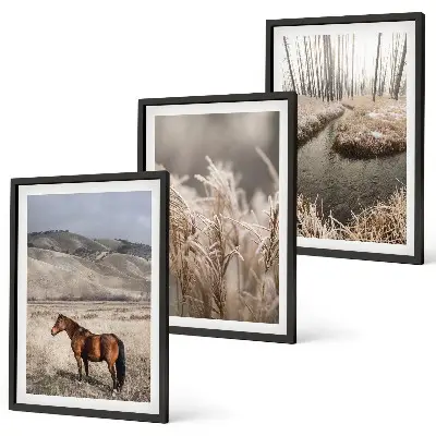 Wall art set featuring a landscape of horses in a grassy stream