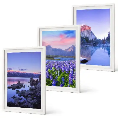 Three-piece mountain landscape wall art featuring water and sky scenery