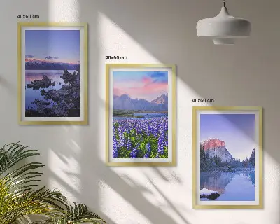 Three-piece mountain landscape wall art featuring water and sky scenery