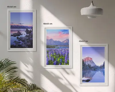 Three-piece mountain landscape wall art featuring water and sky scenery