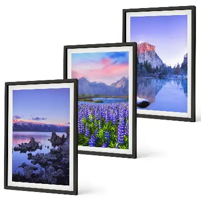 Three-piece mountain landscape wall art featuring water and sky scenery