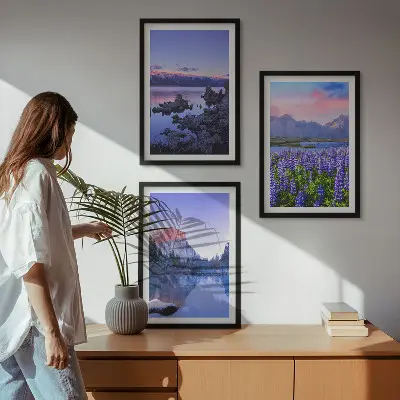 Three-piece mountain landscape wall art featuring water and sky scenery
