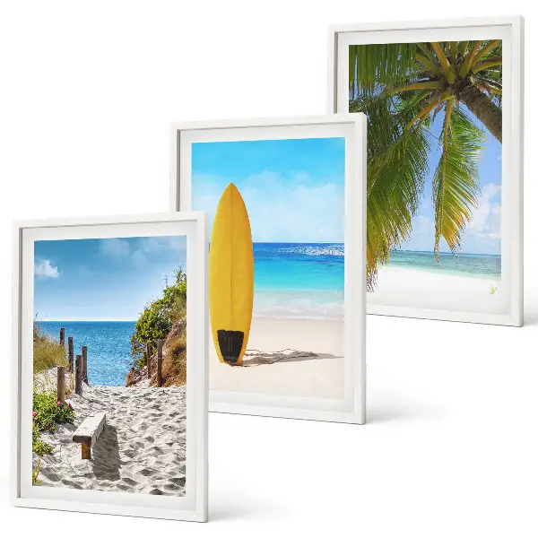 Set of 3 framed wall art pieces featuring holiday beach waves and palm trees