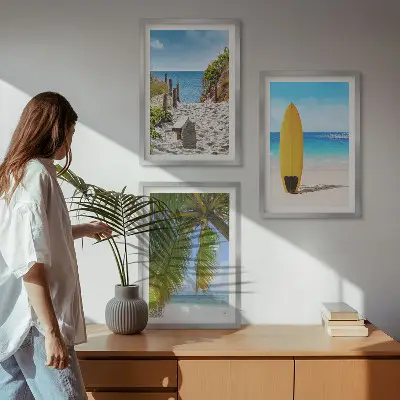 Set of 3 framed wall art pieces featuring holiday beach waves and palm trees