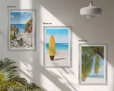 Set of 3 framed wall art pieces featuring holiday beach waves and palm trees