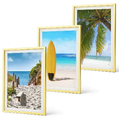 Set of 3 framed wall art pieces featuring holiday beach waves and palm trees