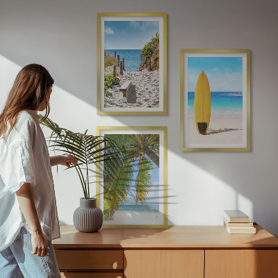 Set of 3 framed wall art pieces Holiday beaches waves palm trees