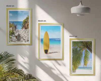 Set of 3 framed wall art pieces featuring holiday beach waves and palm trees