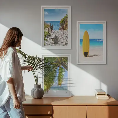 Set of 3 framed wall art pieces featuring holiday beach waves and palm trees