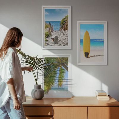 Set of 3 framed wall art pieces Holiday beaches waves palm trees