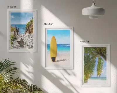 Set of 3 framed wall art pieces featuring holiday beach waves and palm trees