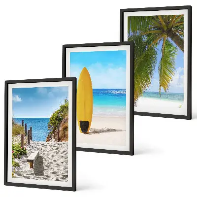 Set of 3 framed wall art pieces featuring holiday beach waves and palm trees