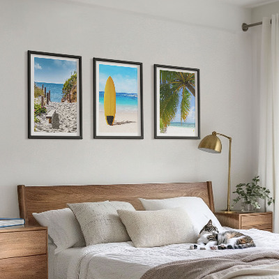 Set of 3 framed wall art pieces Holiday beaches waves palm trees