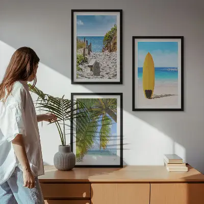 Set of 3 framed wall art pieces featuring holiday beach waves and palm trees