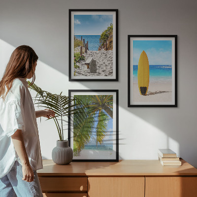 Set of 3 framed wall art pieces Holiday beaches waves palm trees