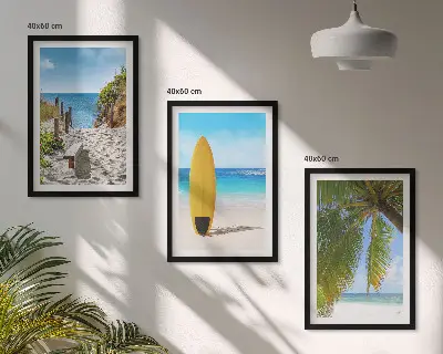 Set of 3 framed wall art pieces featuring holiday beach waves and palm trees