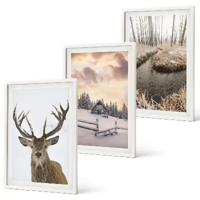 Winter landscape deer and hut wall art set set of winter landscape prints featuring a deer and a hut