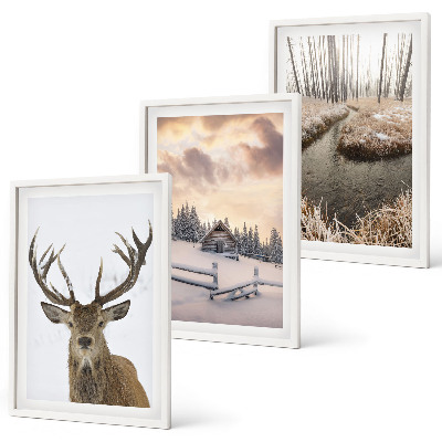 Wall art set Winter landscape deer hut