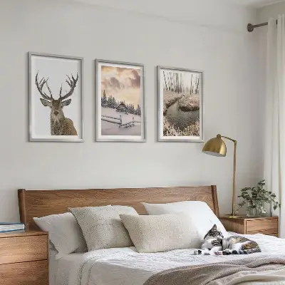 Winter landscape deer and hut wall art set set of winter landscape prints featuring a deer and a hut