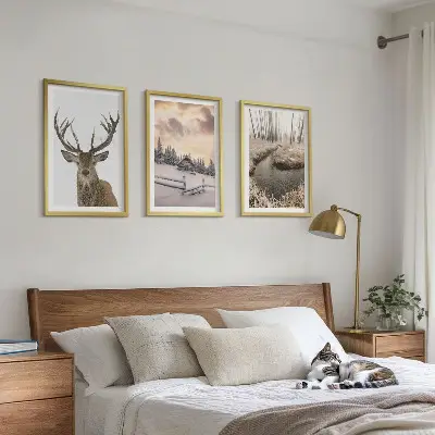 Winter landscape deer and hut wall art set set of winter landscape prints featuring a deer and a hut