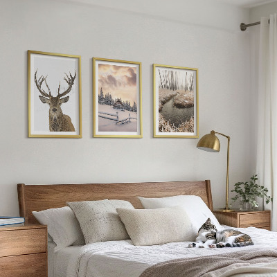 Wall art set Winter landscape deer hut