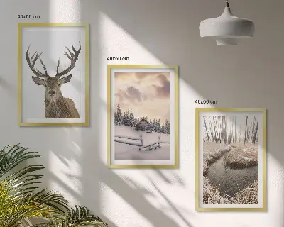 Winter landscape deer and hut wall art set set of winter landscape prints featuring a deer and a hut
