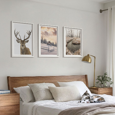 Wall art set Winter landscape deer hut