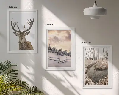 Winter landscape deer and hut wall art set set of winter landscape prints featuring a deer and a hut