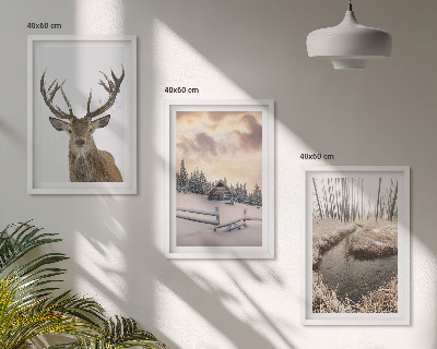 Wall art set Winter landscape deer hut