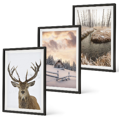 Wall art set Winter landscape deer hut