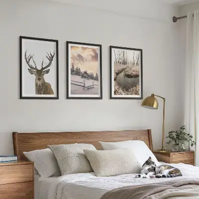 Winter landscape deer and hut wall art set set of winter landscape prints featuring a deer and a hut