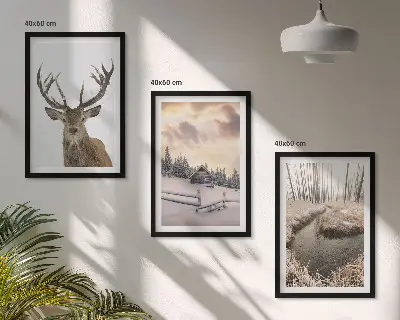 Winter landscape deer and hut wall art set set of winter landscape prints featuring a deer and a hut
