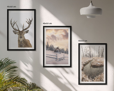 Wall art set Winter landscape deer hut