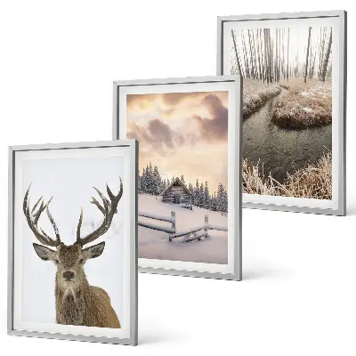 Winter landscape deer and hut wall art set set of winter landscape prints featuring a deer and a hut